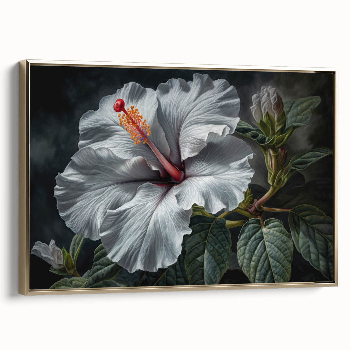 Framed canvas wall art showcasing a vibrant botanical hibiscus design in gold tones, elegantly displayed from the side, emphasizing its artistic details and texture.