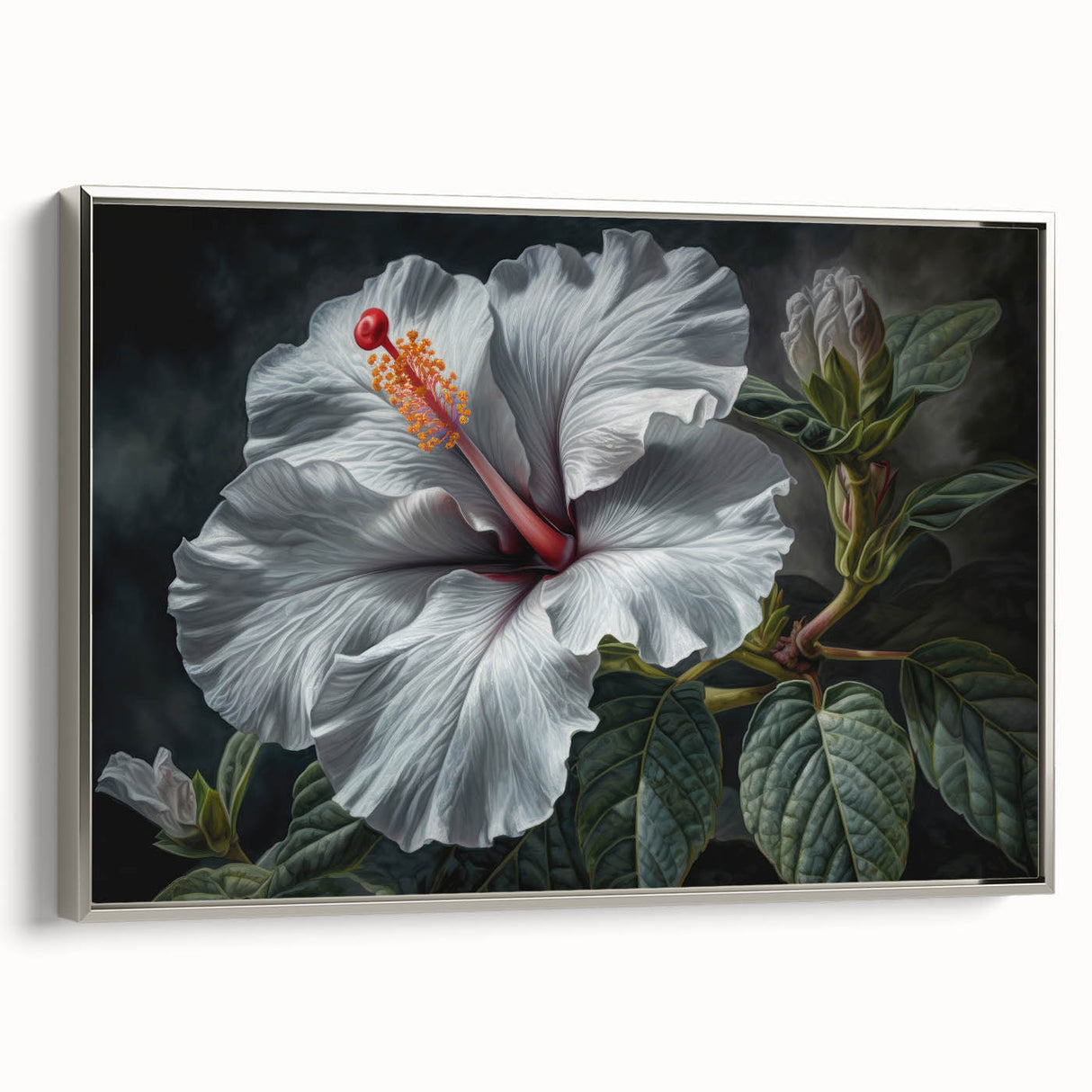 Framed canvas wall art featuring a vibrant hibiscus botanical design, elegantly displayed with a silver frame, ideal for enhancing modern home decor.