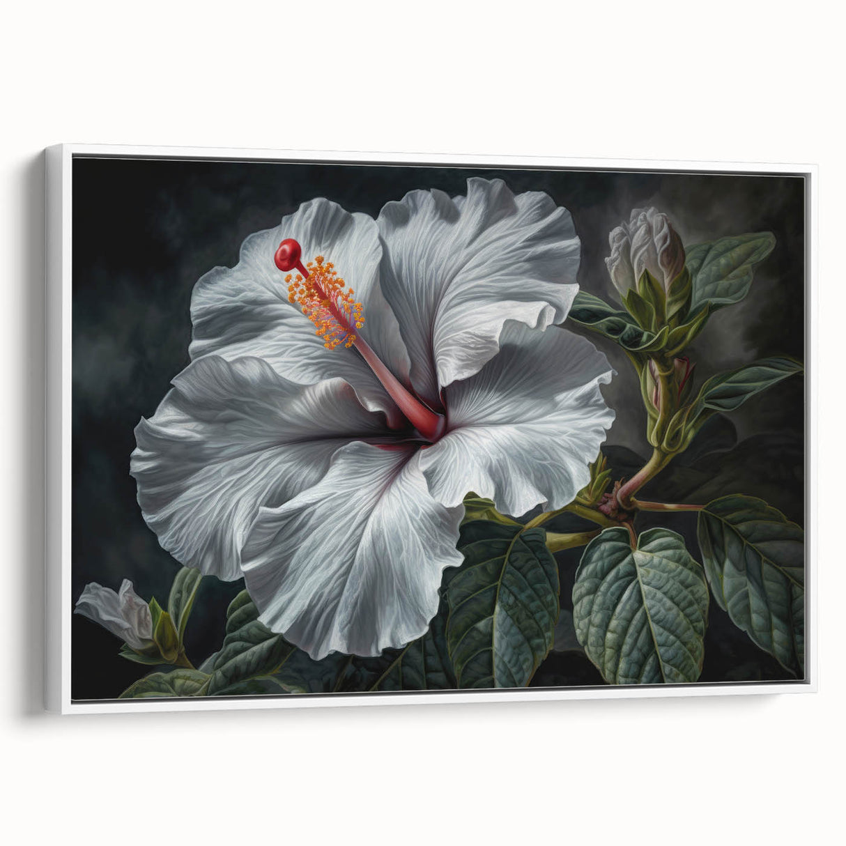 Framed canvas wall art showcasing a vibrant hibiscus botanical design in a white frame, perfect for home decoration and adding a tropical touch to interiors.