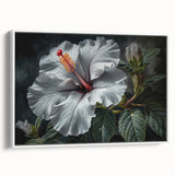 Framed canvas wall art showcasing a vibrant hibiscus botanical design in a white frame, perfect for home decoration and adding a tropical touch to interiors.