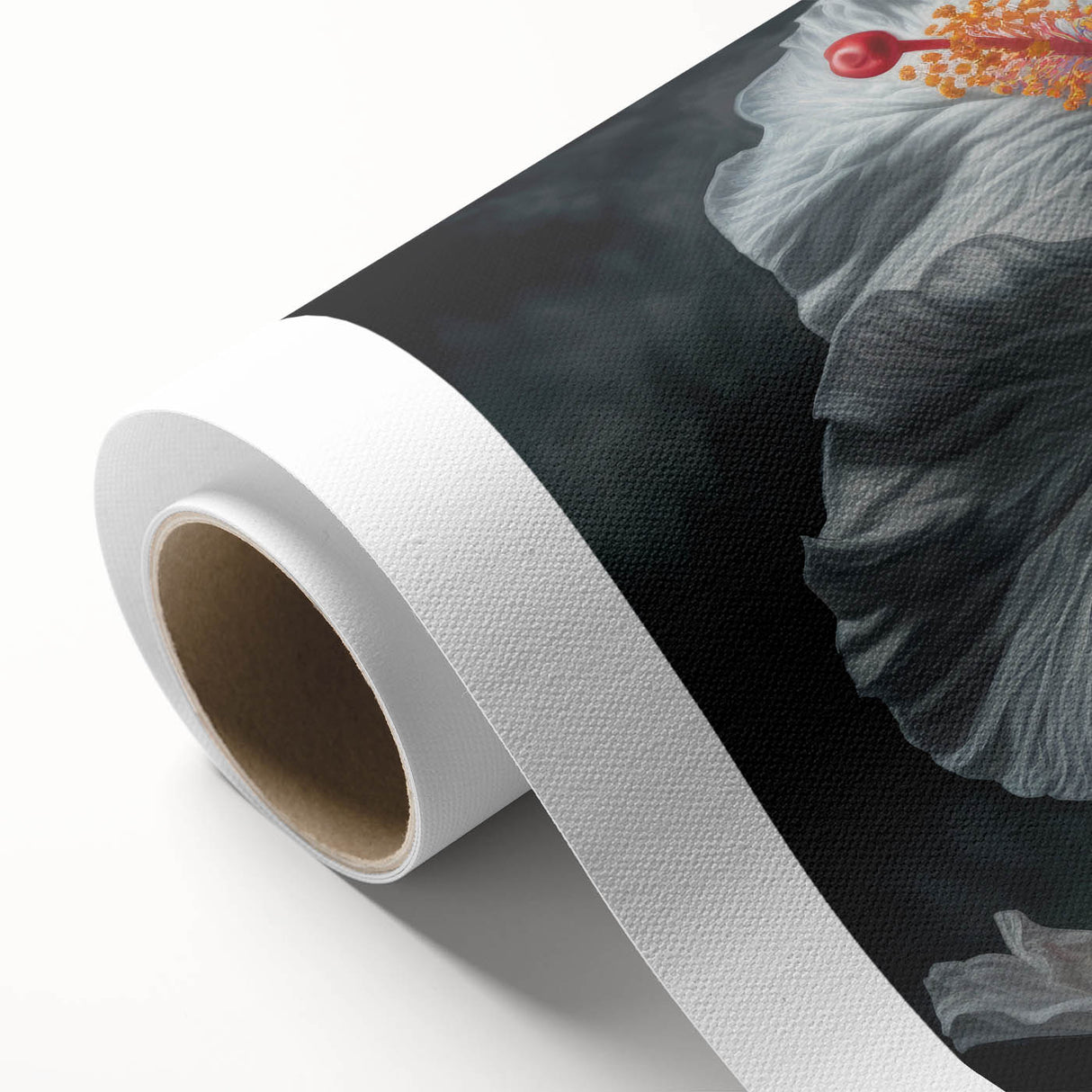 Vibrant rolled canvas featuring a botanical hibiscus design in bold colors, perfect for home decor, showcasing intricate floral details and artistic flair.