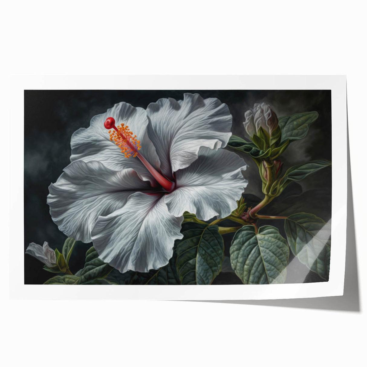 Vibrant botanical wall art print featuring a detailed hibiscus design, showcasing rich colors and intricate floral patterns, perfect for home decor.