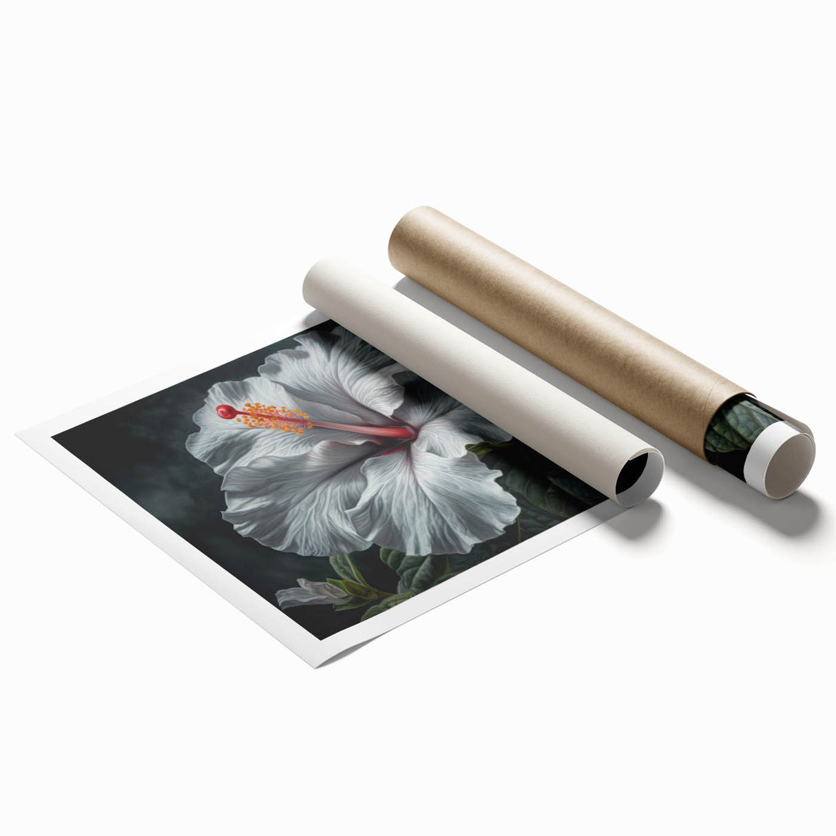 Hibiscus floral wall art print showcasing vibrant colors and intricate botanical details, rolled for easy display and shipping, perfect for home décor.