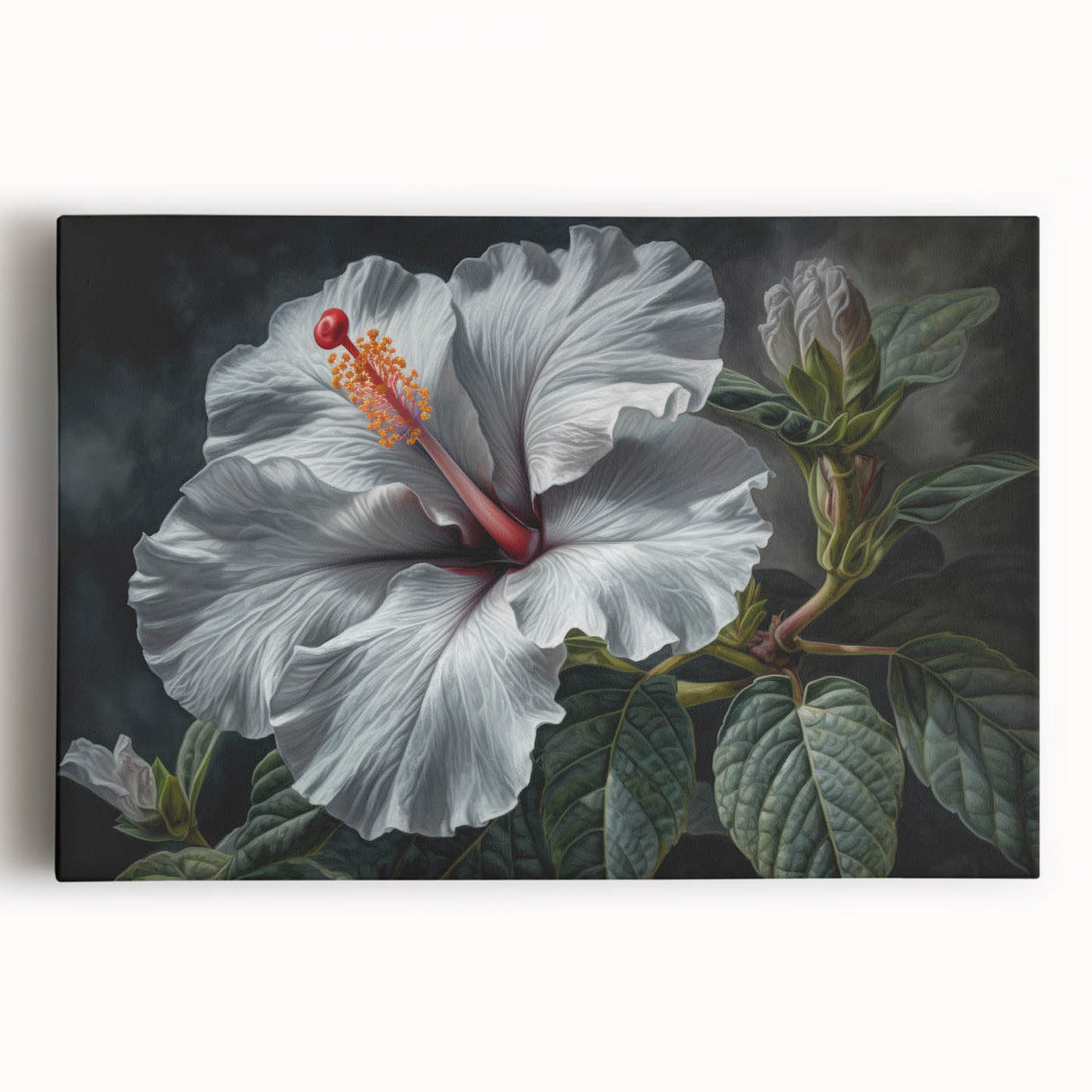 Vibrant hibiscus flower wall art canvas print showcasing intricate botanical details, perfect for home decor, with a stretched frame for an elegant presentation.