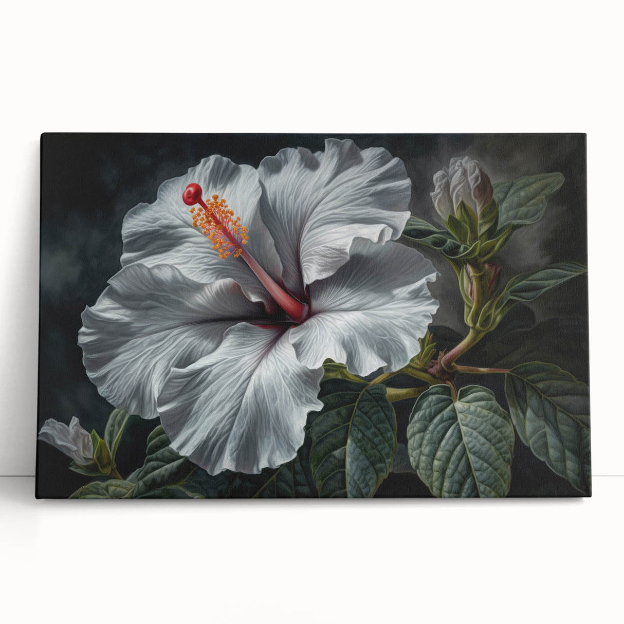 Stretched canvas featuring a vibrant hibiscus floral design, showcasing deep reds and greens, ideal for botanical-themed decor in modern interiors.