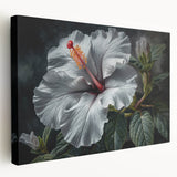 Stretched canvas wall art showcasing a vibrant hibiscus botanical design with rich colors and intricate details, perfect for adding a tropical touch to home decor.