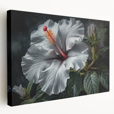 Stretched canvas wall art showcasing a vibrant hibiscus botanical design with rich colors and intricate details, perfect for adding a tropical touch to home decor.
