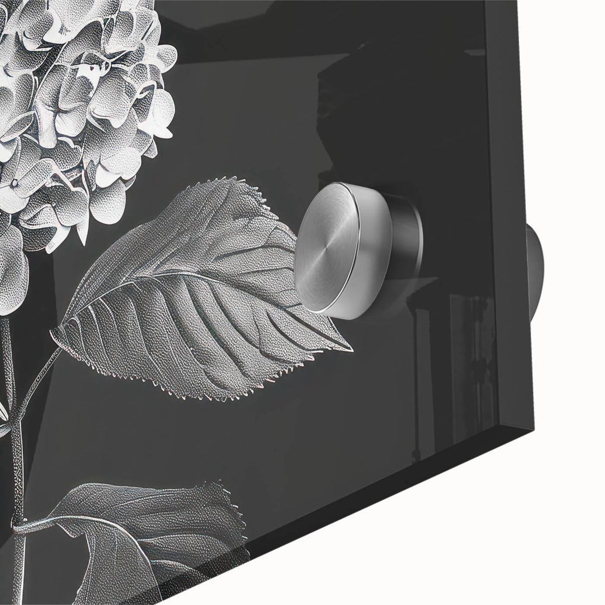 Close-up of a vibrant botanical wall art piece featuring a detailed hydrangea design, showcasing rich colors and delicate textures on acrylic glass, perfect for home decor.