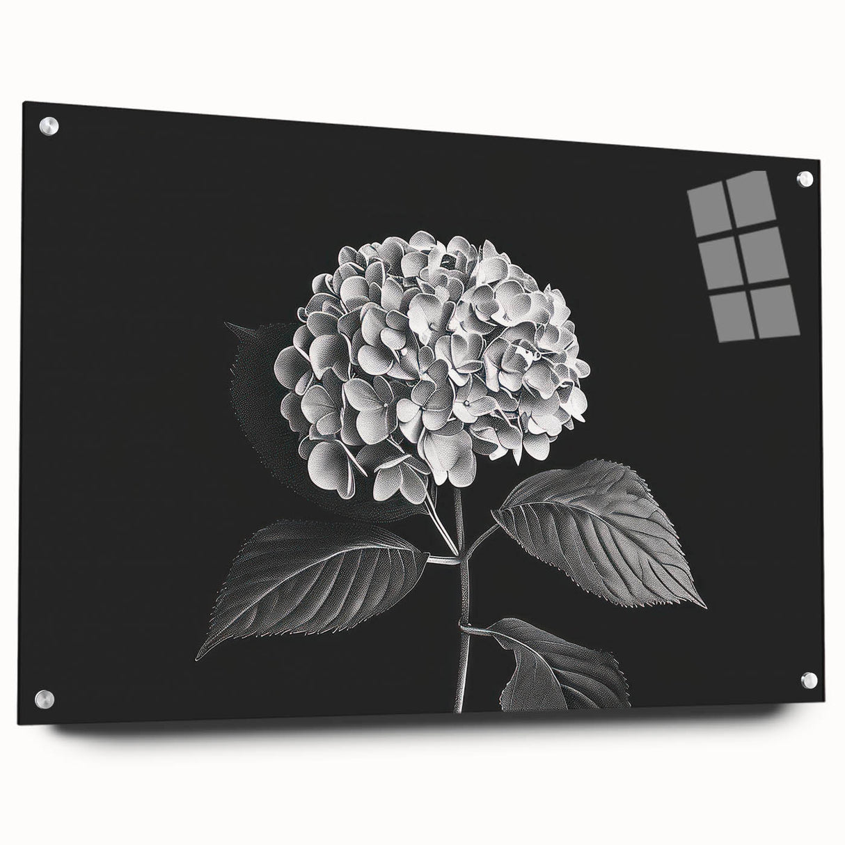 Acrylic glass wall art featuring a botanical hydrangea design, showcasing vibrant blue and green hues, elegantly framed with pins for display in modern decor.