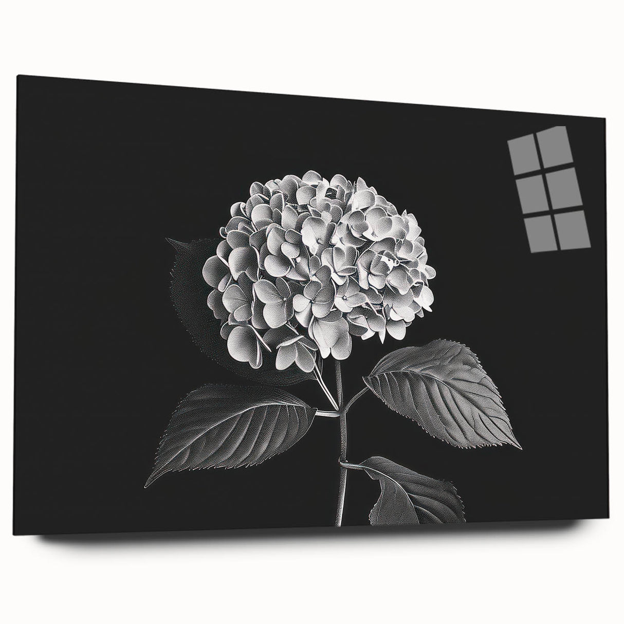 Side view of a botanical hydrangea wall art piece, displayed in an acrylic glass frame, showcasing vibrant colors and intricate floral details, perfect for home decor.