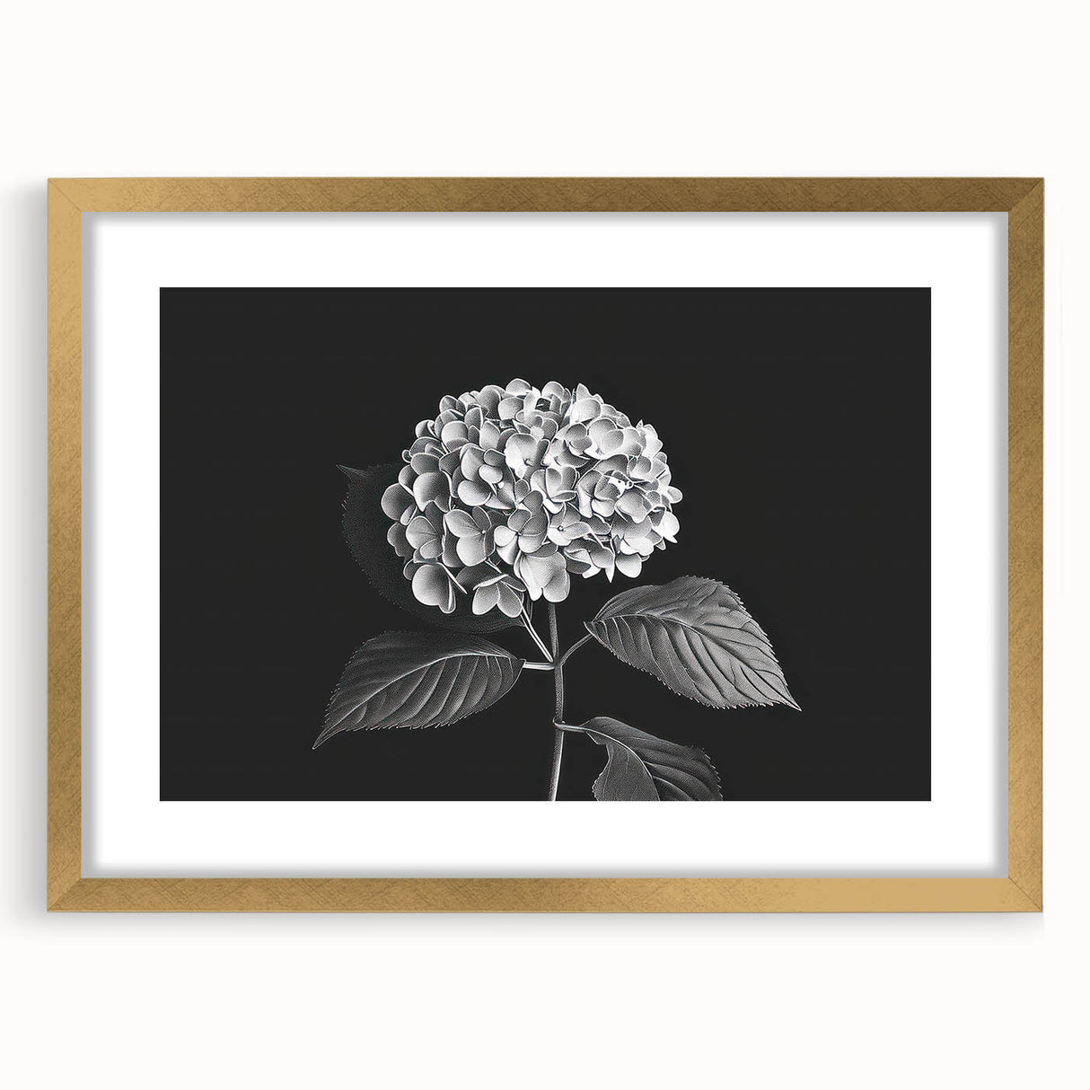 Botanical wall art featuring a hydrangea design in a gold frame with matting, showcasing soft pastel colors and intricate floral details, perfect for home decor.