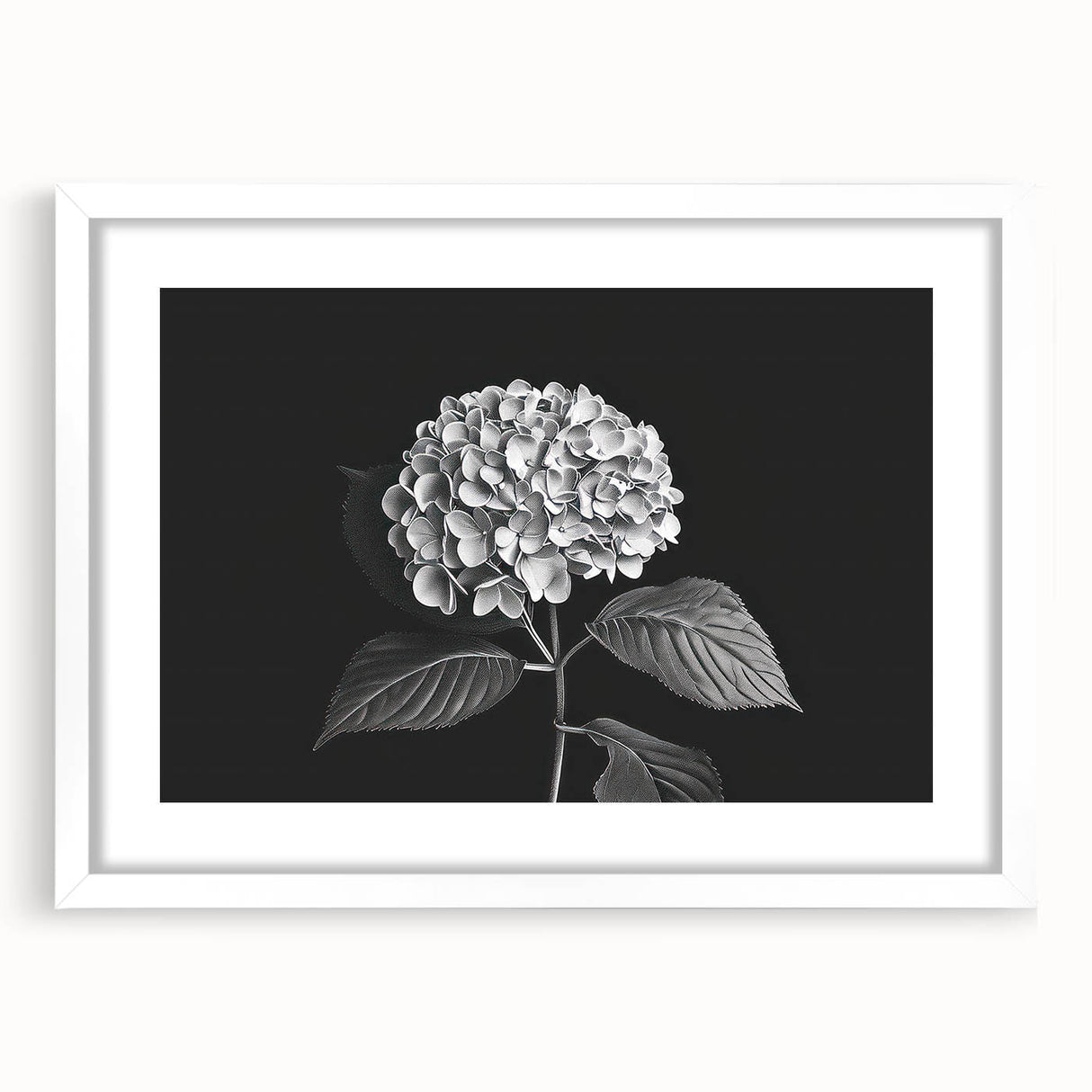 Framed botanical wall art featuring a delicate hydrangea design with a white mat, enhancing any interior decor with its elegant floral aesthetic.