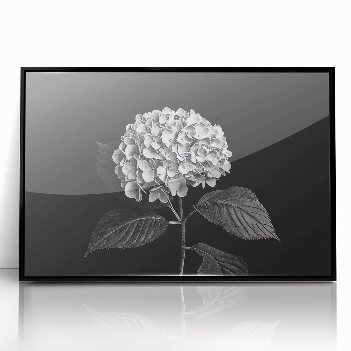 Framed wall art showcasing a vibrant botanical hydrangea design with acrylic glass, set in a sleek black frame, perfect for enhancing home decor.