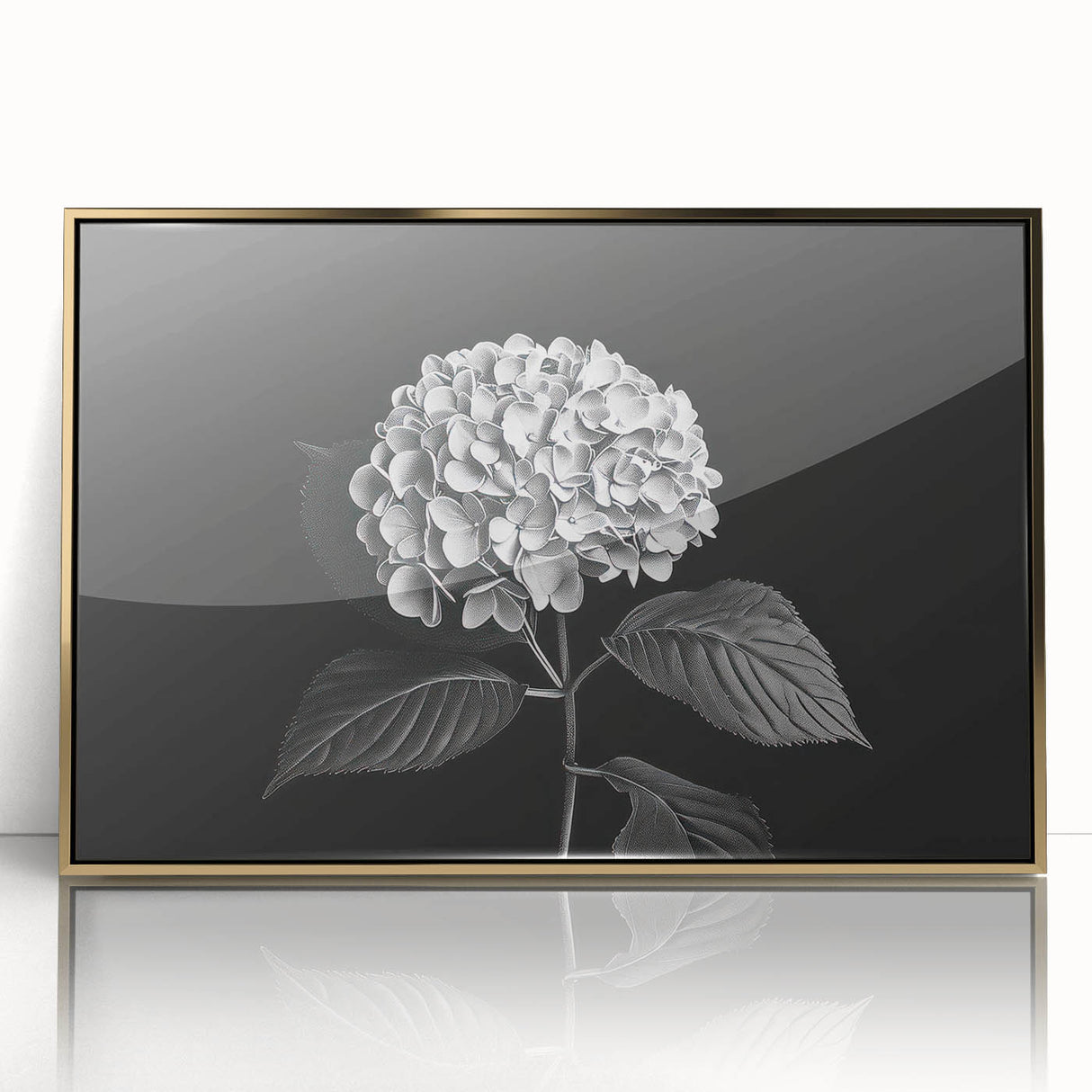 Framed wall art featuring a botanical hydrangea design with gold accents, showcasing vibrant blue and pink flowers against a textured background, perfect for home decor.