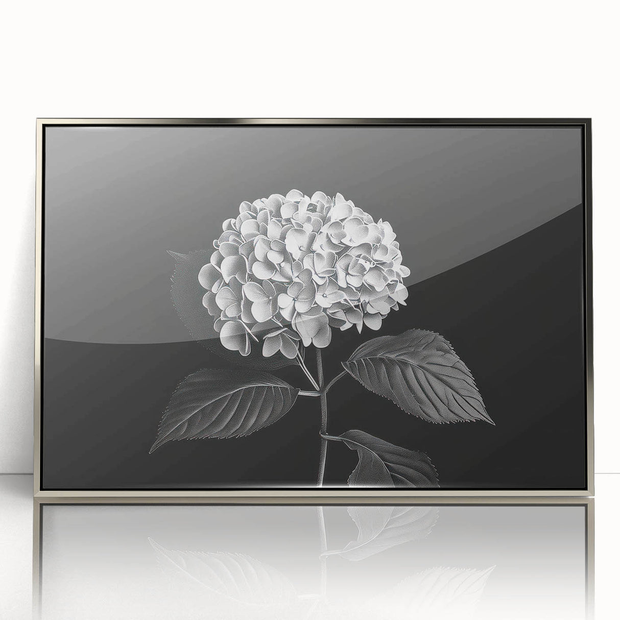Framed wall art showcasing a stunning botanical hydrangea design in vibrant blue and purple tones, set in a sleek silver frame, perfect for home decor.