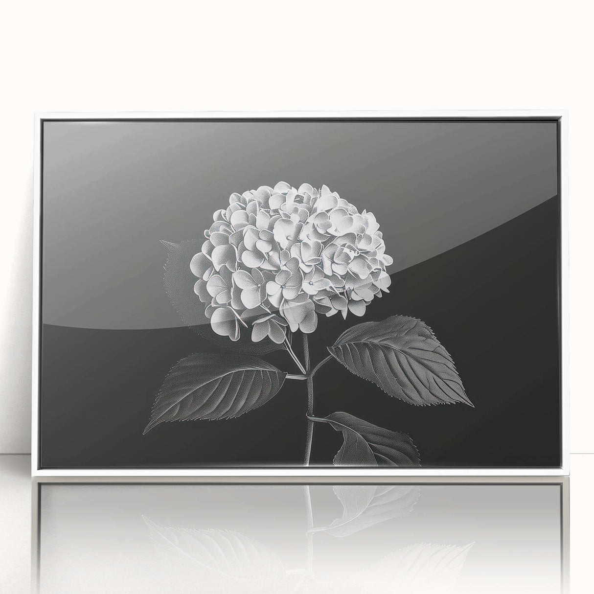 Framed wall art featuring a botanical hydrangea design in vibrant colors, showcased in a sleek white frame, perfect for adding a touch of elegance to home decor.