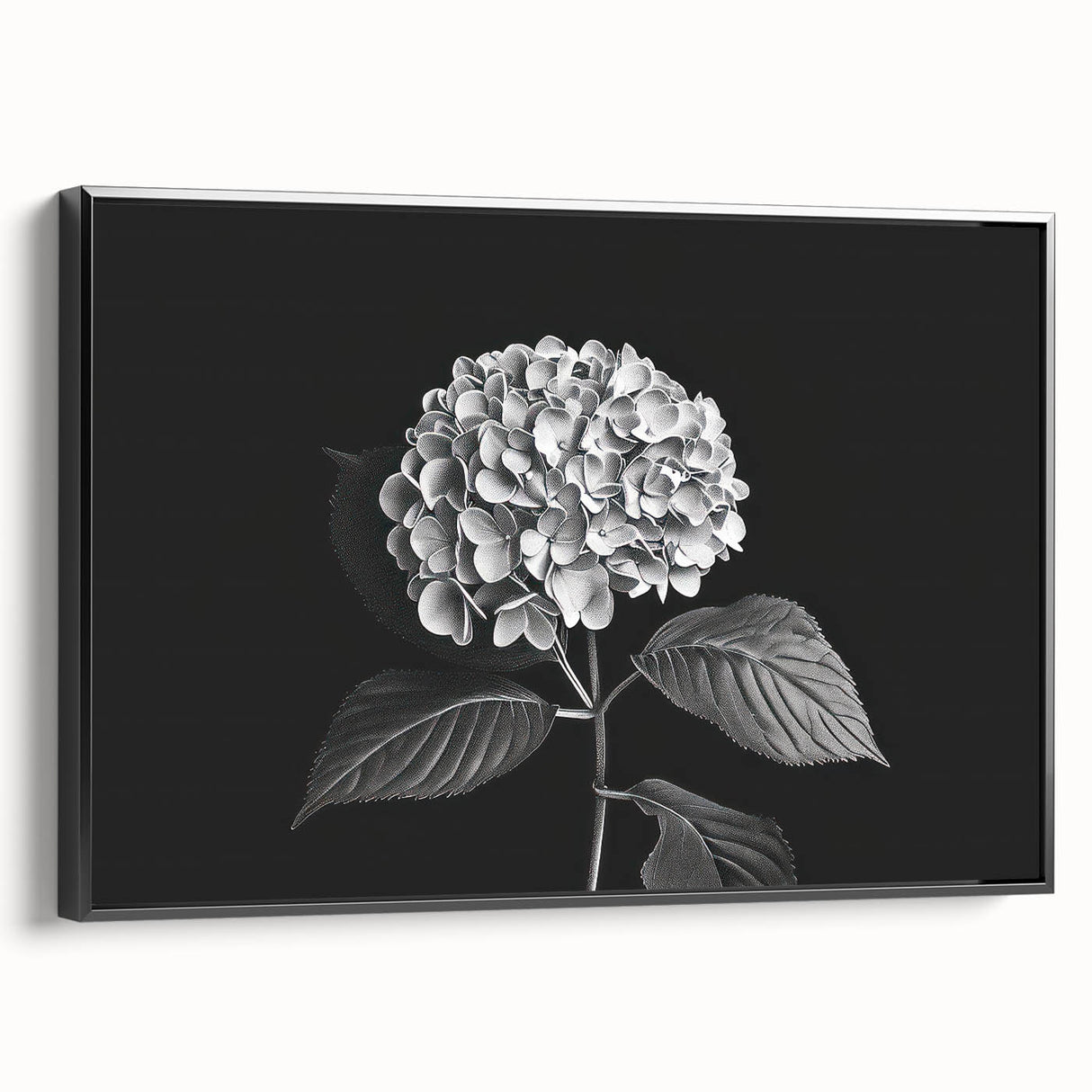 Framed wall art featuring a botanical hydrangea design in vibrant colors, showcasing detailed floral elements against a sleek black frame, ideal for home decor.