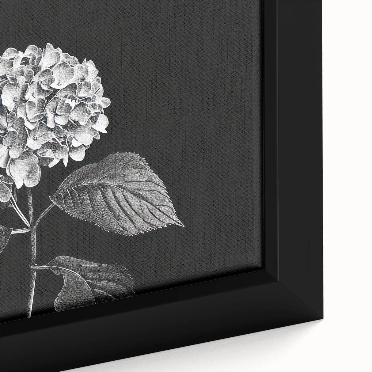 Close-up of a framed botanical wall art piece showcasing vibrant blue and lavender hydrangea flowers on a textured canvas, ideal for home decor.