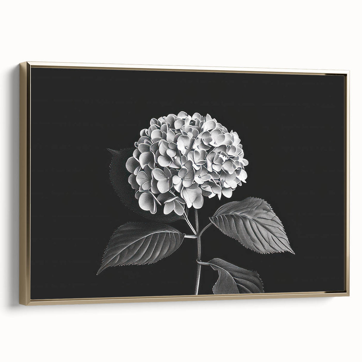 Framed canvas wall art showcasing a botanical hydrangea design, featuring delicate blue and cream flowers with a sleek gold frame, ideal for home décor.