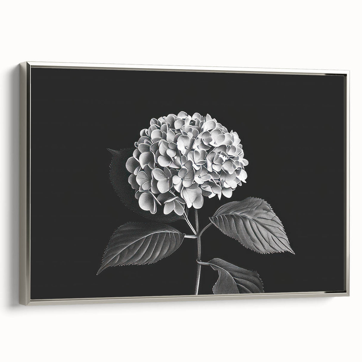 Framed wall art featuring a botanical hydrangea design on canvas, showcasing vibrant blue and green hues, elegantly set in a silver frame for a modern decor style.