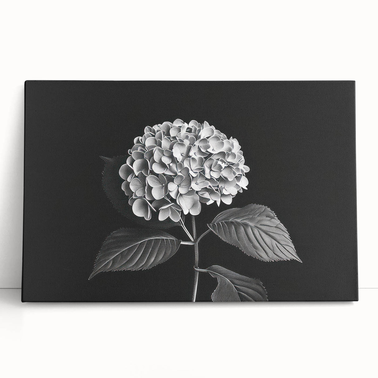 Stretched canvas wall art showcasing a vibrant hydrangea botanical design, featuring rich blues and greens, perfect for home decor enhancement.