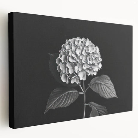Hydrangea floral wall art design on stretched canvas, showcasing vibrant blue and green tones, perfect for home decor or botanical-themed interiors.