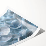 Hydrangea botanical wall art print showcasing vibrant blue and pink flowers, elegantly rolled for shipping, ideal for home decor or floral-themed interiors.