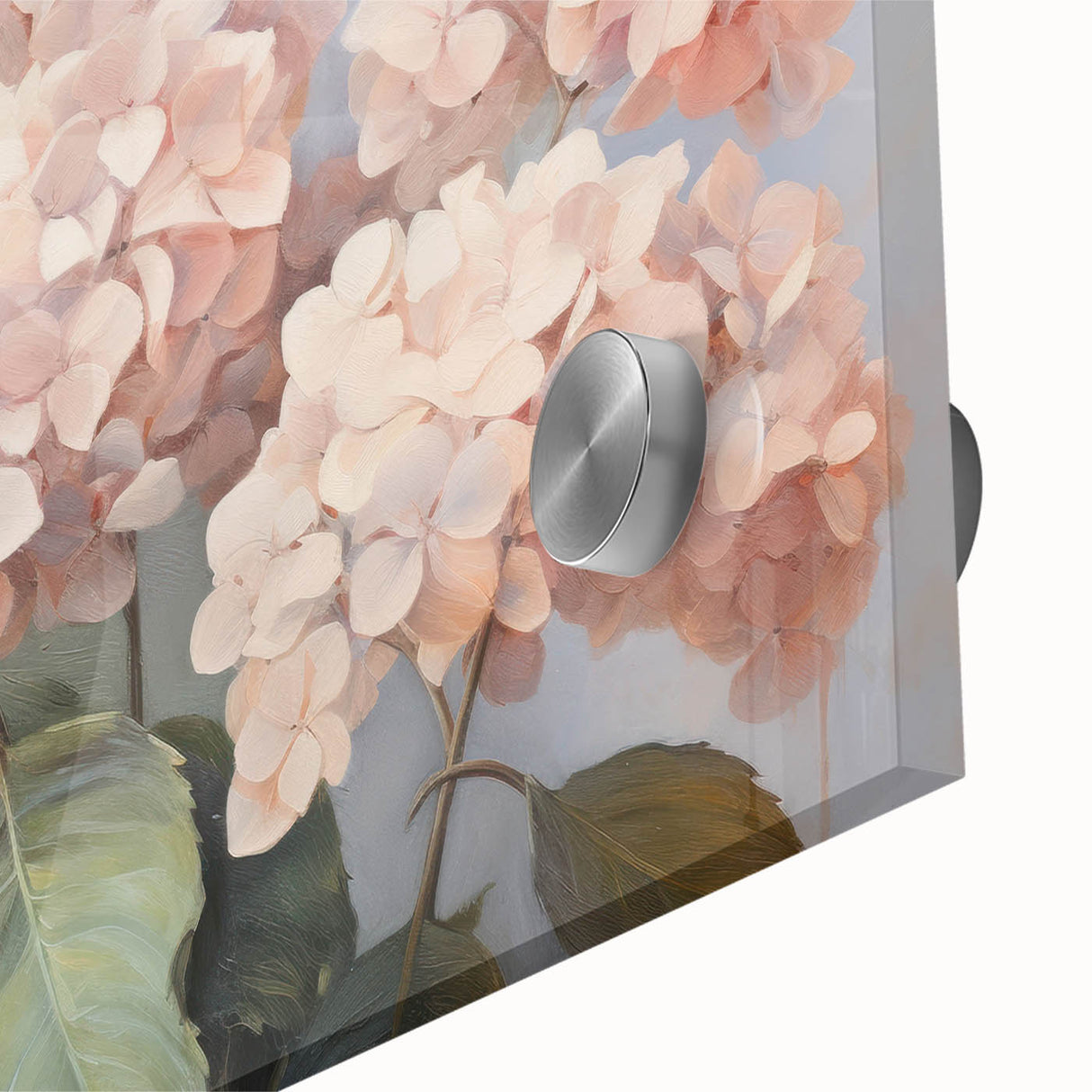Close-up of a botanical wall art piece featuring vibrant blue and white hydrangea flowers, beautifully showcased in an acrylic glass frame, enhancing any decor.