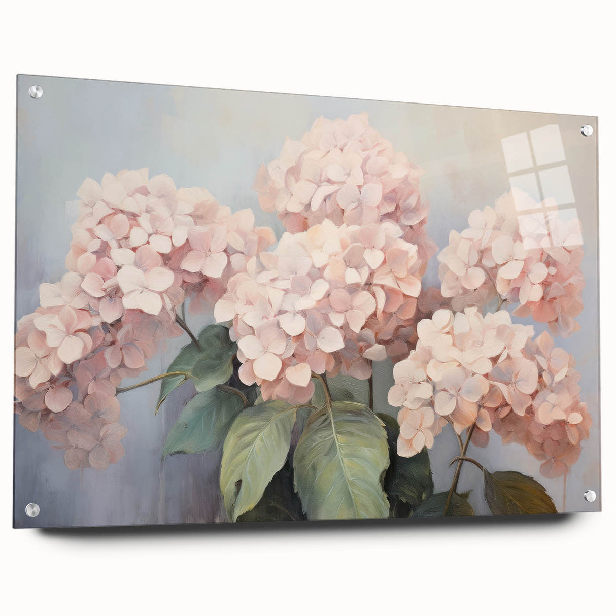 Acrylic wall art featuring a botanical hydrangea design in vibrant hues, displayed in a side view with decorative pins, enhancing its artistic appeal.