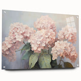 Acrylic wall art featuring a botanical hydrangea design in vibrant hues, displayed in a side view with decorative pins, enhancing its artistic appeal.