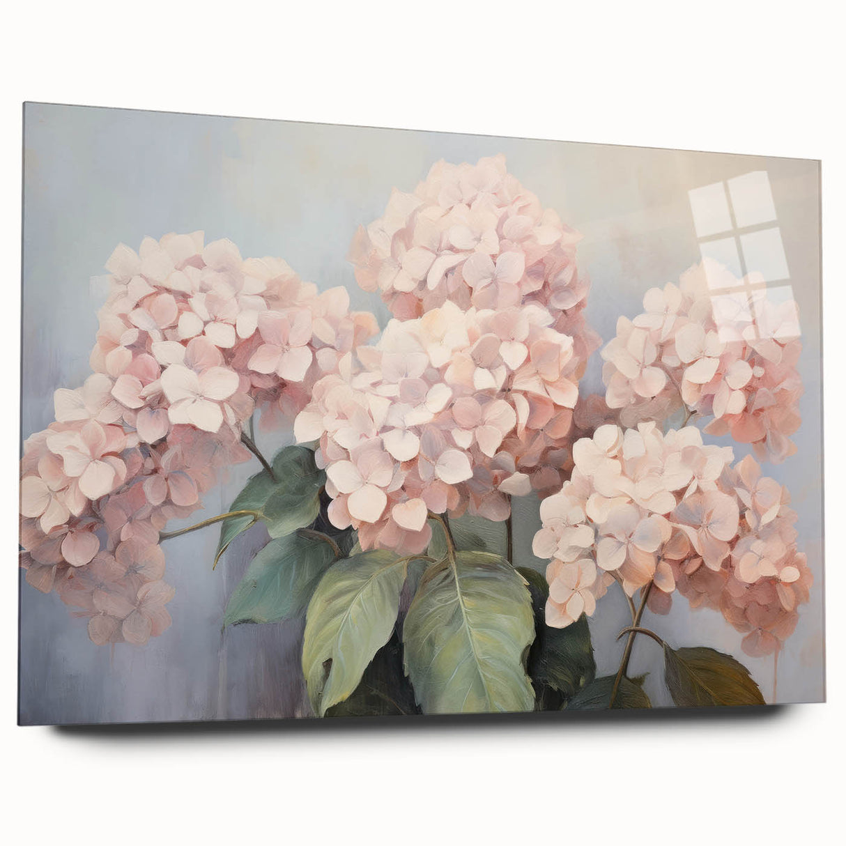 Elegant botanical hydrangea wall art design displayed in a sleek acrylic glass frame, showcasing vibrant blue and pink flowers, perfect for home decor.