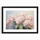 Black-framed botanical wall art featuring a vibrant hydrangea design, elegantly matted for a polished look, perfect for enhancing home decor.