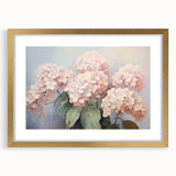 Elegant botanical wall art featuring a hydrangea design in a gold frame with matting, showcasing vibrant colors and intricate details, perfect for home decor.
