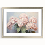 Framed wall art featuring a botanical hydrangea design in soft pastel colors, elegantly presented with a silver frame and mat, ideal for home decor.