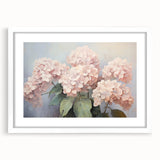 Elegant botanical hydrangea wall art design in a white frame with a mat, showcasing soft blue and pink hues, perfect for enhancing home decor.