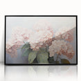 Framed botanical wall art featuring a vibrant hydrangea design in shades of blue and green, set in a sleek black frame, ideal for home decor enhancement.