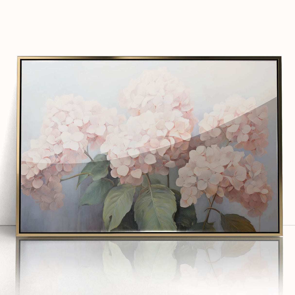 Framed botanical wall art displaying a vibrant hydrangea design in shades of blue and purple, accented with a sleek gold frame, perfect for home decor.