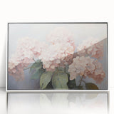 Framed botanical wall art featuring a vibrant hydrangea design in soft pastel colors, displayed in a sleek white frame, perfect for enhancing home decor.