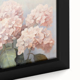 Close-up view of a framed botanical wall art piece showcasing vibrant hydrangea flowers in shades of blue and purple, highlighting intricate details and textures.