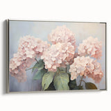 Framed canvas art featuring a botanical hydrangea design with intricate floral details in soft blues and greens, set in a stylish silver frame, ideal for home decor.