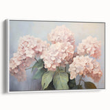 Framed canvas wall art showcasing a botanical hydrangea design in soft blue and white tones, presented from a side view against a neutral background. Perfect for home decor.