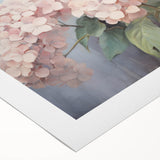 Hydrangea botanical design rolled canvas wall art showcasing vibrant blue and pink flowers against a soft white background, ideal for home decor enhancement.