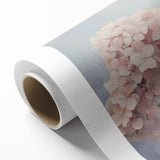 Hydrangea botanical wall art design printed on rolled canvas, showcasing delicate blue and white flowers against a soft, textured background, perfect for home decor.