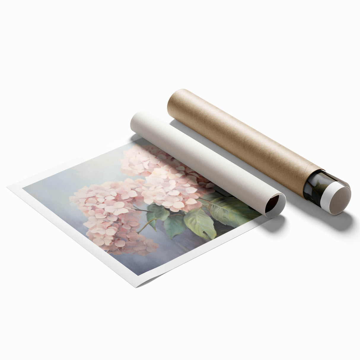 Botanical wall art print showcasing a vibrant hydrangea design in soft pastel colors, rolled and ready for framing, perfect for home decor and floral enthusiasts.