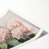 Botanical wall art featuring a vibrant hydrangea design in soft pastel colors, elegantly rolled and packaged in a protective tube for easy display.