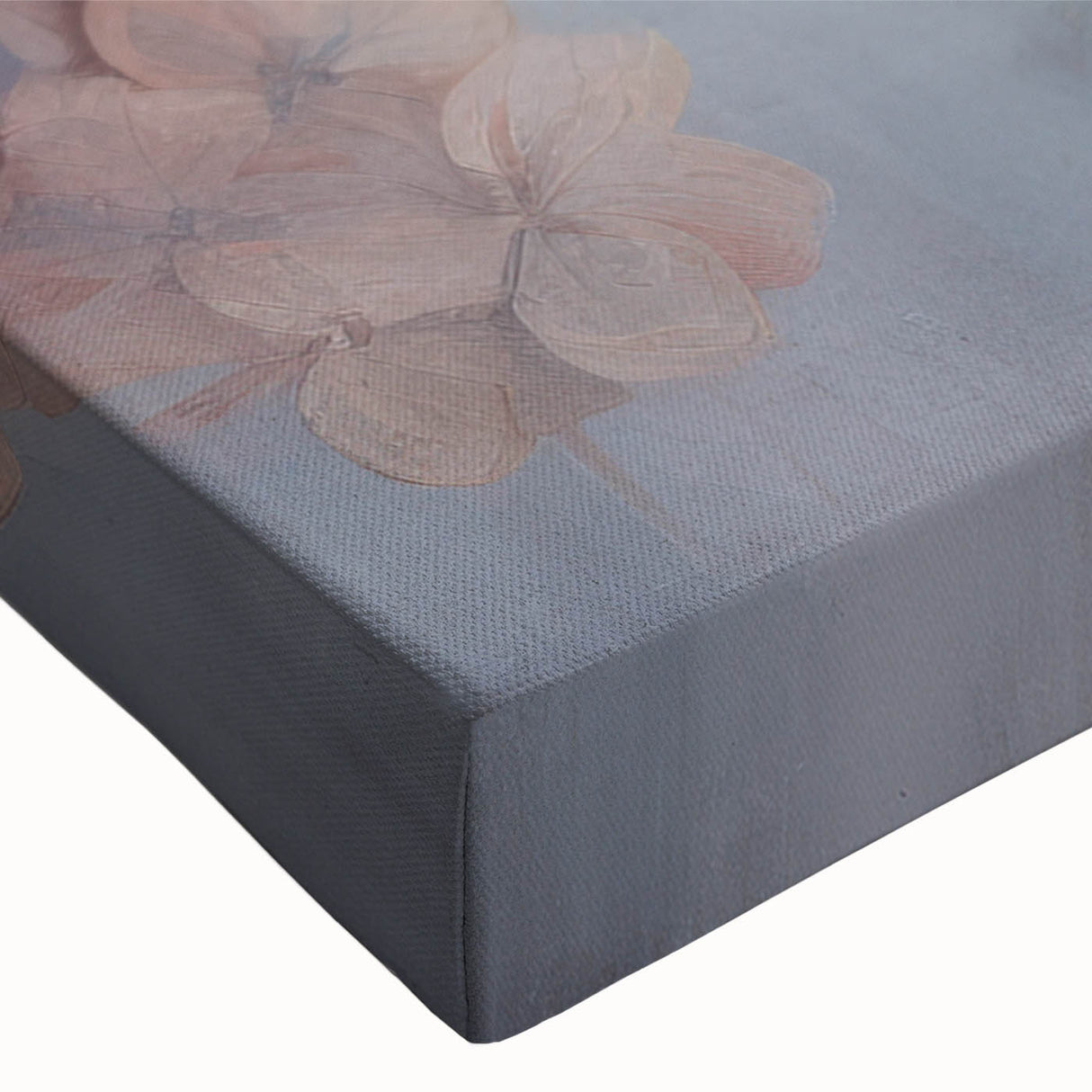 Close-up of a vibrant botanical hydrangea wall art design on stretched canvas, showcasing intricate floral details and rich colors, perfect for home decor.