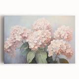 Vibrant hydrangea wall art design printed on stretched canvas, showcasing intricate floral details and a calming blue color palette, perfect for home decor.