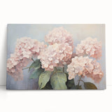 Botanical wall art featuring a vibrant hydrangea design on stretched canvas, elegantly leaning against a neutral background, perfect for home decor enhancement.