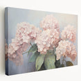 Hydrangea botanical design stretched canvas wall art showcasing vibrant blue and green hues, elegantly displayed in a side view for a modern home decor aesthetic.