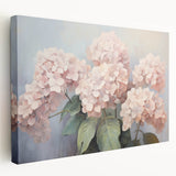 Hydrangea botanical design stretched canvas wall art showcasing vibrant blue and green hues, elegantly displayed in a side view for a modern home decor aesthetic.